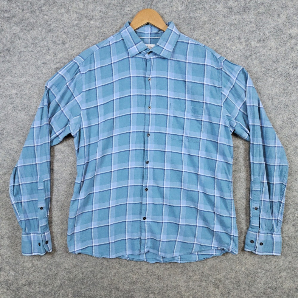 Peter Millar Men's Blue Plaid Long Sleeve Button Up‎ Shirt Size L 100% Cotton
